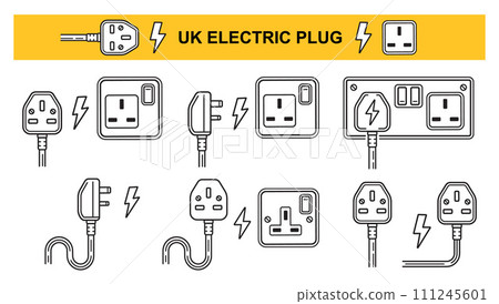 UK electric plug socket, British electrical power outlet line icon set. English three pin ac cable connector. Electricity energy supply. Electro equipment wire connection. Wall current switch vector 111245601