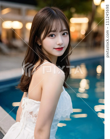 A woman with long hair smiling in a white dress "AI generated image" 111245698