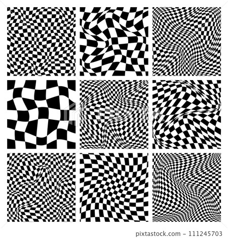 Trendy checkered pattern, black and white distorted tiled grid. Wavy curved backdrop, distortion effect. Funky geometric chessboard texture, retro background in 90s style, y2k. Vector illustration Trendy checkered pattern, black and white distorted tiled grid. Wavy curved backdrop, distortion effect. Funky geometric chessboard texture, retro background in 90s style, y2k. Vector illustration 111245703