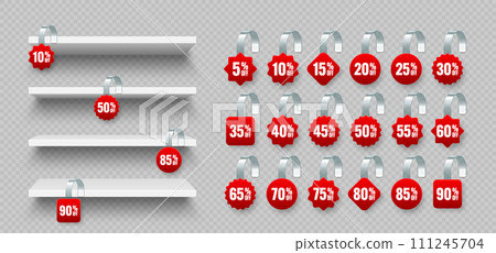 Store shelves with supermarket promotional wobblers. Product shelf and advertising wobbler with percent discount. Grocery wall rack. Sale label, special offer price tag. Vector illustration Store shelves with supermarket promotional wobblers. Product shelf and advertising wobbler with percent discount. Grocery wall rack. Sale label, special offer price tag. Vector illustration 111245704
