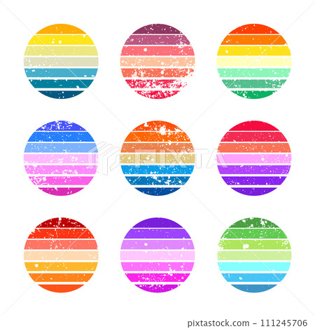 Grunge vintage sunset collection. Colorful striped sunrise badges in 80s and 90s style. Sun and ocean view, summer vibes, surfing. Design element for print, logo or t-shirt. Vector illustration 111245706