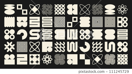 Brutalist geometric shapes, symbols. Simple primitive elements and forms. Bauhaus retro design, trendy contemporary minimalist style. Vector illustration Brutalist geometric shapes, symbols. Simple primitive elements and forms. Bauhaus retro design, trendy contemporary minimalist style. Vector illustration 111245729