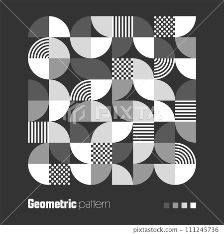 Geometric trendy pattern, Bauhaus style. Modern background with simple elements. Retro texture with basic geometric shapes. Print design, minimalist poster cover. Vector illustration Geometric trendy pattern, Bauhaus style. Modern background with simple elements. Retro texture with basic geometric shapes. Print design, minimalist poster cover. Vector illustration 111245736