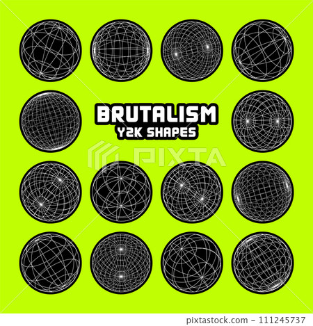 Wireframe shapes, lined sphere. Perspective mesh, 3d grid. Modern trendy low poly geometric elements. Retro futuristic design elements, y2k, vaporwave and synthwave style. Vector illustration Wireframe shapes, lined sphere. Perspective mesh, 3d grid. Modern trendy low poly geometric elements. Retro futuristic design elements, y2k, vaporwave and synthwave style. Vector illustration 111245737