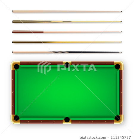 Various wooden billiard cues and green pool table. Snooker sports equipment. Vintage cue. Recreation and hobby, competitive game. Vector illustration Various wooden billiard cues and green pool table. Snooker sports equipment. Vintage cue. Recreation and hobby, competitive game. Vector illustration 111245757