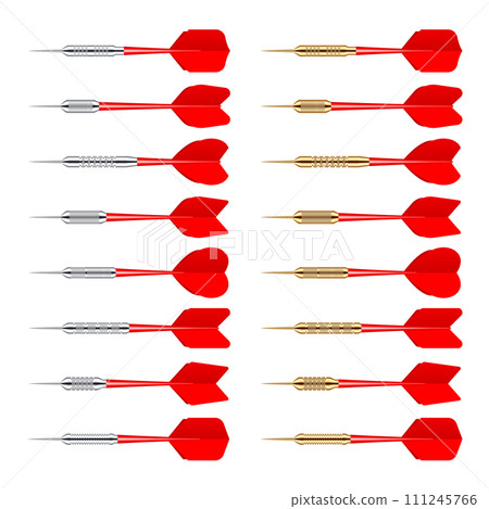 Red dart arrows with metal tip isolated on white background. Dart throwing sport game, dartboard equipment. Vector illustration 111245766