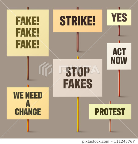Colorful protest signs with slogan on wooden holder. Realistic vector demonstration banner. Strike action cardboard placard mockup Colorful protest signs with slogan on wooden holder. Realistic vector demonstration banner. Strike action cardboard placard mockup 111245767
