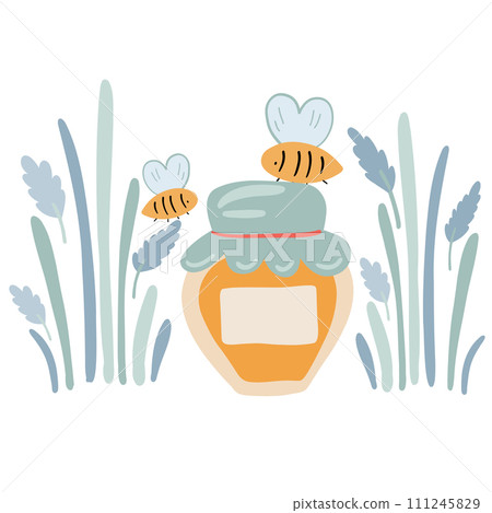Honey jar grass and flat design bees with lavender 111245829