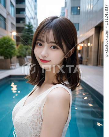 A woman with long hair smiling in a white dress "AI generated image" 111245837