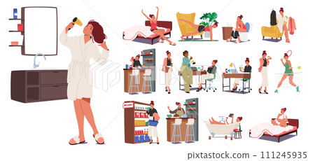 Woman Daily Routine Involves Tasks Like Waking Up, Exercising, Work, Meals, And Relaxation, Vector Illustration, Set 111245935