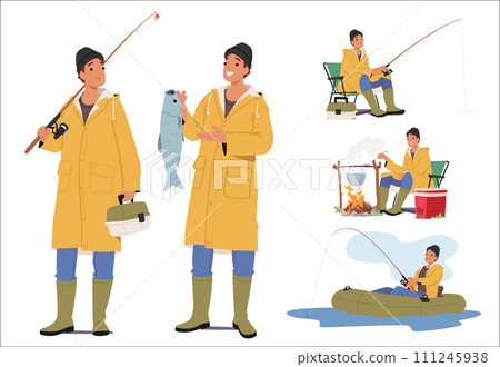 Set of Young Fisherman Character wear Yellow Raincoat holding Rod, Tackle Box, Cooking Fish Soup and Riding Rubber Boat 111245938