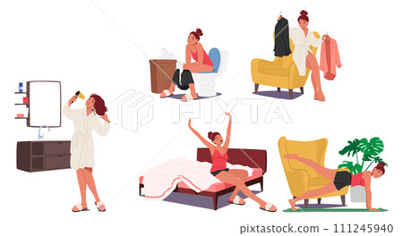 Woman Daily Routine. Waking Up, Shower And Hairstyle, Exercising, Toilet And Dress Up. Female Character Ready To Conquer 111245940