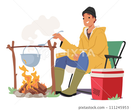 Fisherman Character Prepares A Hearty Fish Soup In A Cauldron, Combining Fresh Catch With Aromatic Herbs, Vegetables 111245953