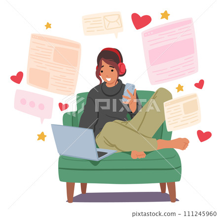 Women Connecting Through Internet Love Chats. Female Character With Laptop Fostering Friendships, Sharing Experiences Women Connecting Through Internet Love Chats. Female Character With Laptop Fostering Friendships, Sharing Experiences 111245960