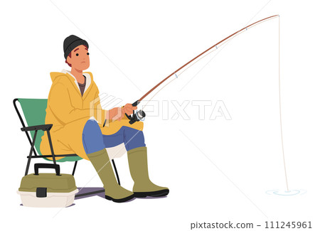 Fisherman Character Sitting With Rod In Hands And Tackle Box Nearby, Patiently Awaiting A Catch, Serene Scene Fisherman Character Sitting With Rod In Hands And Tackle Box Nearby, Patiently Awaiting A Catch, Serene Scene 111245961
