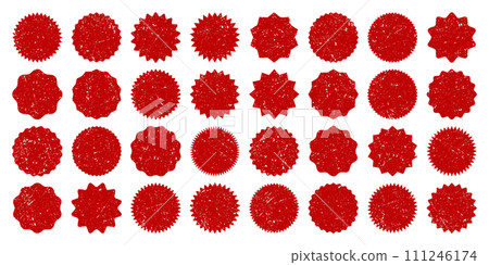 Post stamps, labels and badges. Grunge imprints and postmarks. Red vintage circle postcard watermarks. Used envelope design elements. Vector illustration 111246174