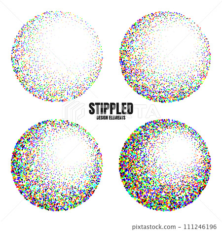 Round shaped dotted objects, vintage stipple elements. Fading gradient. Stippling, dotwork drawing, shading using dots. Colored disintegration effect. Noise grainy texture. Vector illustration 111246196