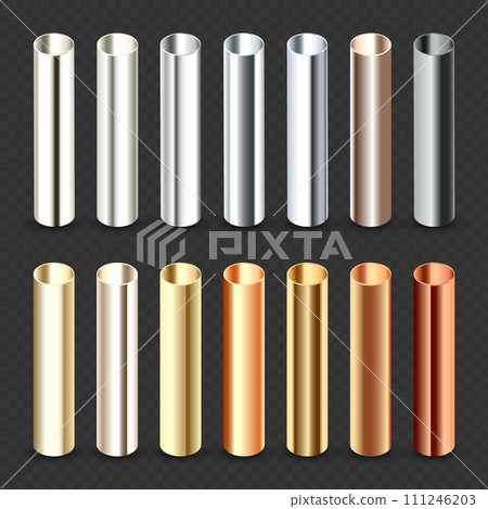 Steel and copper pipes collection. Construction material, pipeline. Industry and engineering. Polished metal texture with silver gradient. Vector illustration Steel and copper pipes collection. Construction material, pipeline. Industry and engineering. Polished metal texture with silver gradient. Vector illustration 111246203