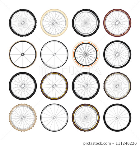 Realistic 3d retro bicycle wheels. Vintage bike rubber tyres, shiny metal spokes and rims. Fitness cycle, touring, sport, road and mountain bike. Vector illustration Realistic 3d retro bicycle wheels. Vintage bike rubber tyres, shiny metal spokes and rims. Fitness cycle, touring, sport, road and mountain bike. Vector illustration 111246220