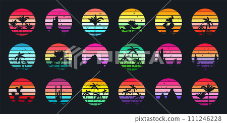 Grunge vintage sunset collection. Colorful striped sunrise badges in 80s and 90s style. Sun and ocean view, summer vibes, surfing. Design element for print, logo or t-shirt. Vector illustration Grunge vintage sunset collection. Colorful striped sunrise badges in 80s and 90s style. Sun and ocean view, summer vibes, surfing. Design element for print, logo or t-shirt. Vector illustration 111246228