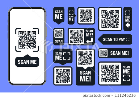 Scan me QR code sticker. Online payment. Special offer sale stickers, shopping discount label or promotional badge. Serial number, product ID. Supermarket retail label, price tag. Vector illustration 111246236