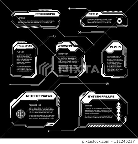 White futuristic HUD, UI elements. Sci-fi user interface text boxes, callouts. Warning message frames, information boxes template. Modern game interface layout in digital style. Vector illustration 111246237