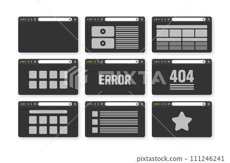 Web browser window, pages layout with toolbar and search field. Modern website, internet page in flat style. Browser mockup for computer, tablet and smartphone. Adaptive UI. Vector illustration 111246241