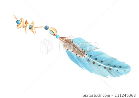 Watercolor composition from pale blue feather and small sea shells, pebbles isolated on white background, hand drawn illustration. Design element for decoration, dream catcher, cards and textile 111246368