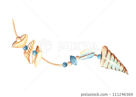 String with sea shells and stones, sea pebbles and beads. Marine design elements in pale blue yellow colors. Watercolor hand drawn illustration on white background. 111246369