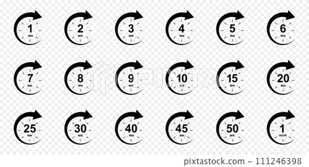 Set of minutes icons with circle arrows. Stopwatch symbols. 1, 2, 3, 4, 5, 6, 7, 8, 9, 10, 15, 20, 25, 30, 40, 45, 50 min and 1 hour sport or cooking timer signs 111246398