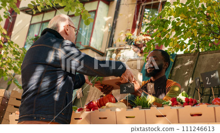 Young male farmer selling box of organic garden produce at local food market, giving colorful fresh bio products. Elderly man buying locally grown fruits and vegetables. Handheld shot. Young male farmer selling box of organic garden produce at local food market, giving colorful fresh bio products. Elderly man buying locally grown fruits and vegetables. Handheld shot. 111246613