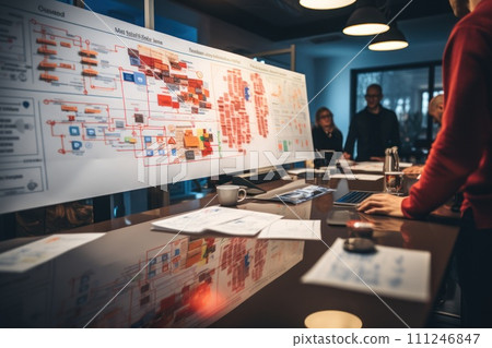 AI-generated content. People sharing ideas concept with paper note writing strategy in office. Generative AI 111246847