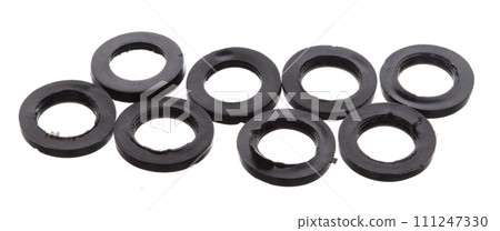 Rubber O-Ring for industry and Repair, o ring seal gaskets to joint pressure and prevent leak from machine component. Black rubber o rings use in product plumbing water oil. White background isolated 111247330