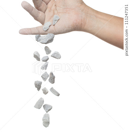 Rock gravel fall down from hand, gray stone pebbles rock explode abstract cloud fly. Construction rock stone splash in air, object design. White background isolated freeze shot, selective focus blur 111247351