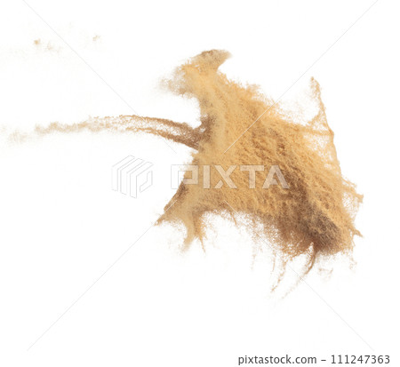 Sand flying explosion, Golden grain wave explode. Abstract cloud fly. Yellow colored sand splash throwing in Air. White background Isolated high speed shutter, throwing freeze stop motion Sand flying explosion, Golden grain wave explode. Abstract cloud fly. Yellow colored sand splash throwing in Air. White background Isolated high speed shutter, throwing freeze stop motion 111247363
