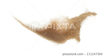 Sand flying explosion, Golden grain wave explode. Abstract cloud fly. Yellow colored sand splash throwing in Air. White background Isolated high speed shutter, throwing freeze stop motion Sand flying explosion, Golden grain wave explode. Abstract cloud fly. Yellow colored sand splash throwing in Air. White background Isolated high speed shutter, throwing freeze stop motion 111247364