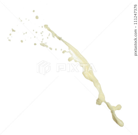 Tofu Soybean soymilk pour fall down in line shape form. Soybean milk from tofu spill splash in droplet as paint color. White background isolated high speed shutter freeze motion Tofu Soybean soymilk pour fall down in line shape form. Soybean milk from tofu spill splash in droplet as paint color. White background isolated high speed shutter freeze motion 111247376