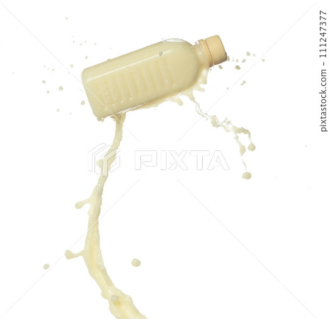 Tofu Soybean soymilk pour fall down in bottle container. Soybean milk or cosmetic cream moisturizer spill splash as paint color. White background isolated high speed shutter freeze motion Tofu Soybean soymilk pour fall down in bottle container. Soybean milk or cosmetic cream moisturizer spill splash as paint color. White background isolated high speed shutter freeze motion 111247377