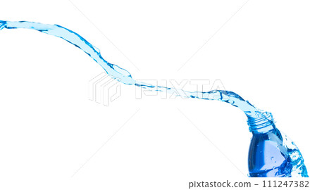 Drinking Water in Plastic Bottle fall fly in mid air, fresh water plastic bottle floating explosion. Fresh water plastic bottles pour throw in air. White background isolated freeze motion high speed 111247382
