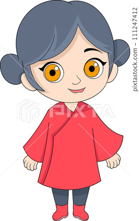 doodle cartoon illustration, Chinese girl mascot wearing traditional clothes smiling doodle cartoon illustration, Chinese girl mascot wearing traditional clothes smiling 111247412