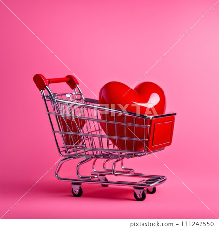 Shopping cart with red heart on pink background Shopping cart with red heart on pink background 111247550