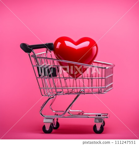 Shopping cart with red heart on pink background Shopping cart with red heart on pink background 111247551