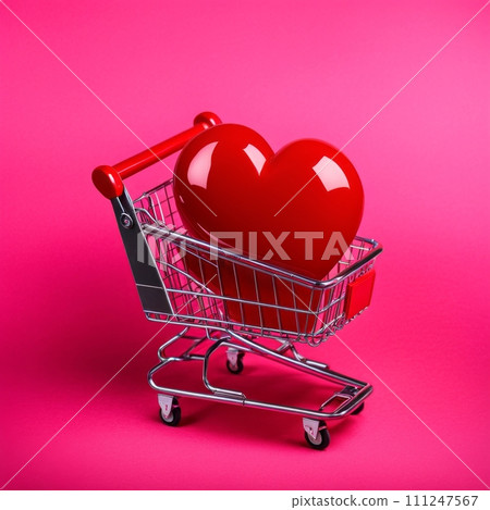 Shopping cart with red heart on pink background 111247567