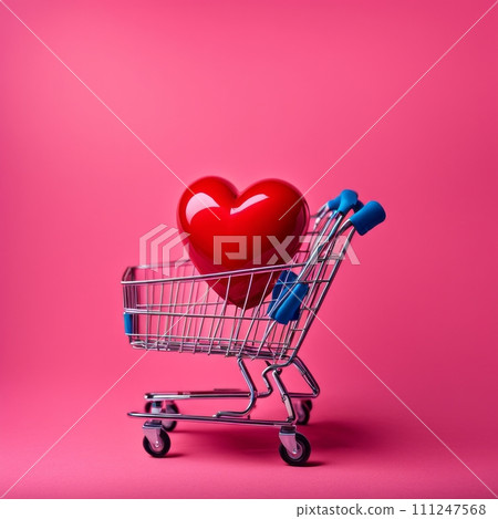 Shopping cart with red heart on pink background 111247568