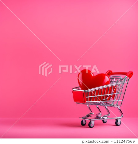 Shopping cart with red heart on pink background 111247569