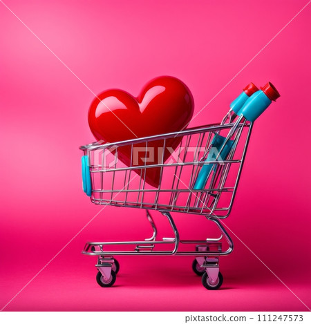 Shopping cart with red heart on pink background 111247573