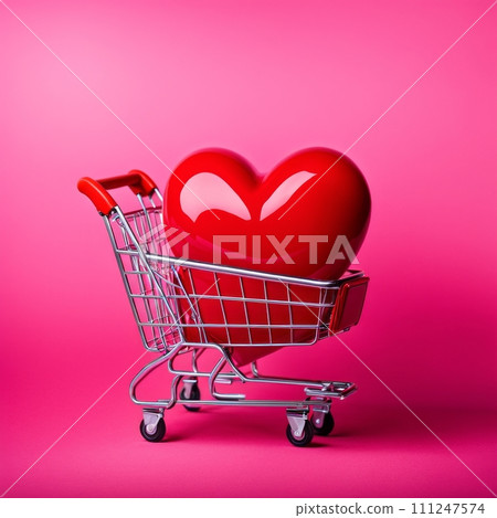 Shopping cart with red heart on pink background Shopping cart with red heart on pink background 111247574