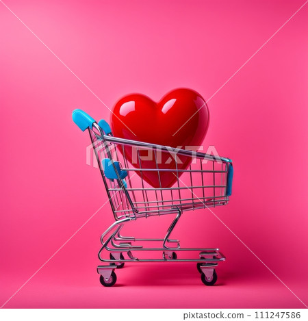 Shopping cart with red heart on pink background 111247586