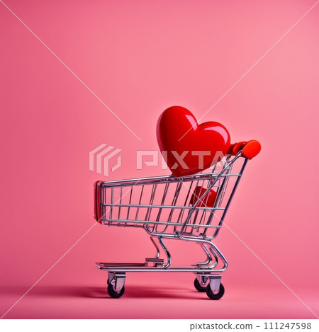 Shopping cart with red heart on pink background 111247598
