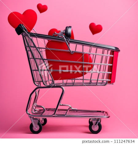 Shopping cart with red heart on pink background Shopping cart with red heart on pink background 111247634